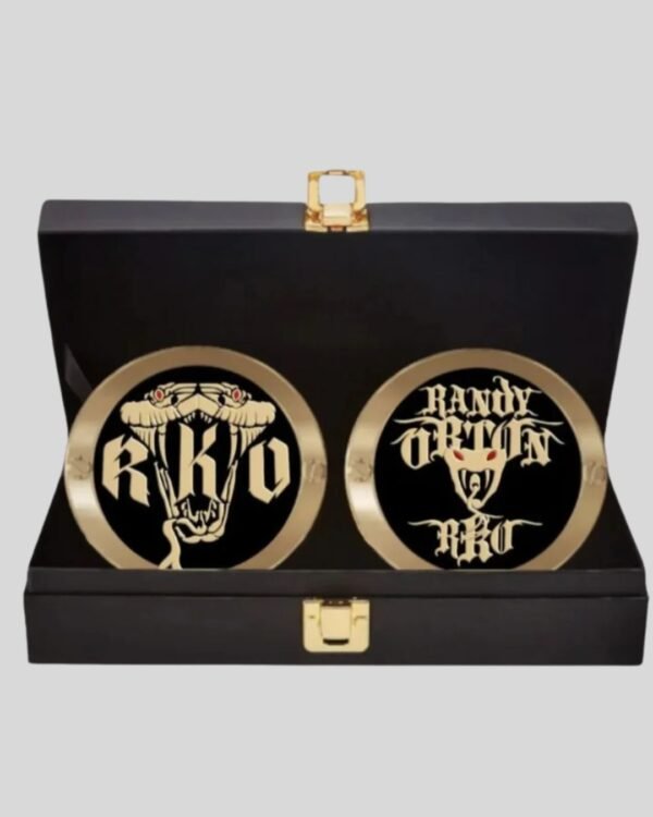 WWE Randy Orton Side Plates Championship Title Box Set – Brass Metal RKO Inserts – 4.25” x 3.16”